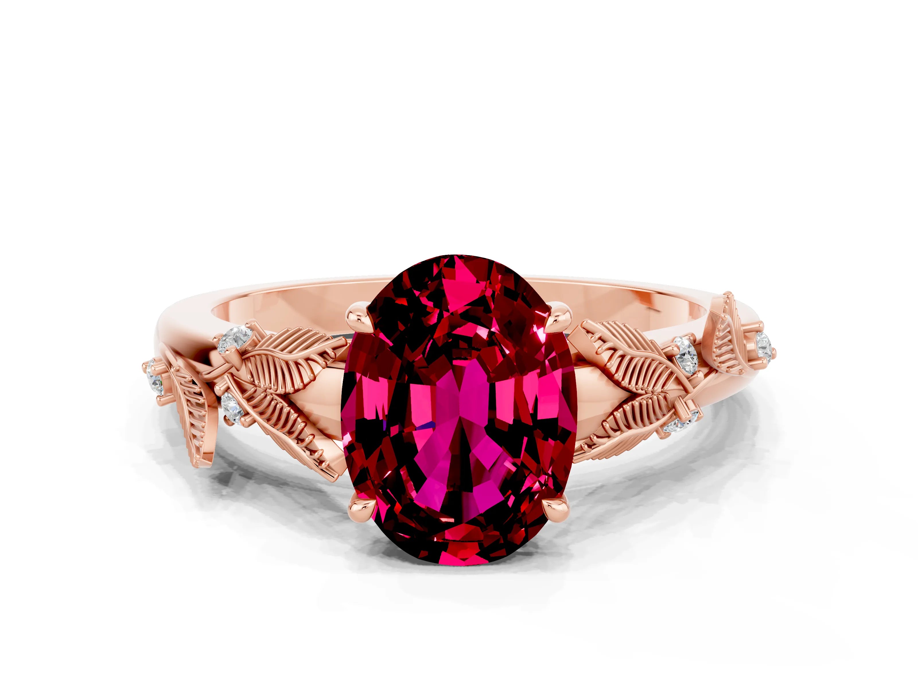Rose gold Oval Cut Garnet Solitaire Ring with Leaf Motif Band and Four-Prong Setting