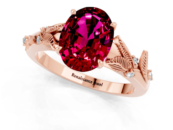 Rose gold Oval Cut Garnet Solitaire Ring with Leaf Motif Band and Four-Prong Setting