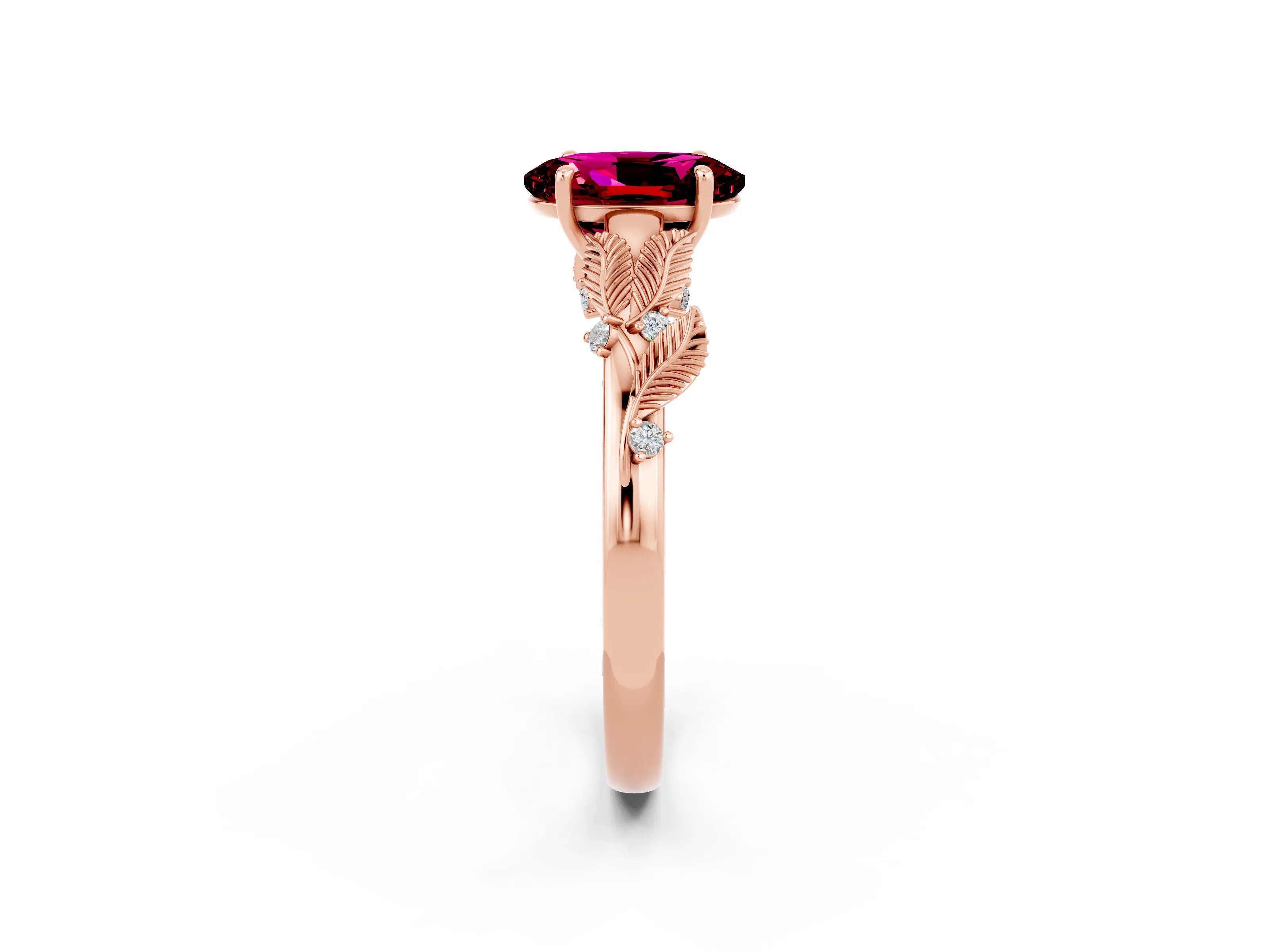 Rose gold Oval Cut Garnet Solitaire Ring with Leaf Motif Band and Four-Prong Setting_2