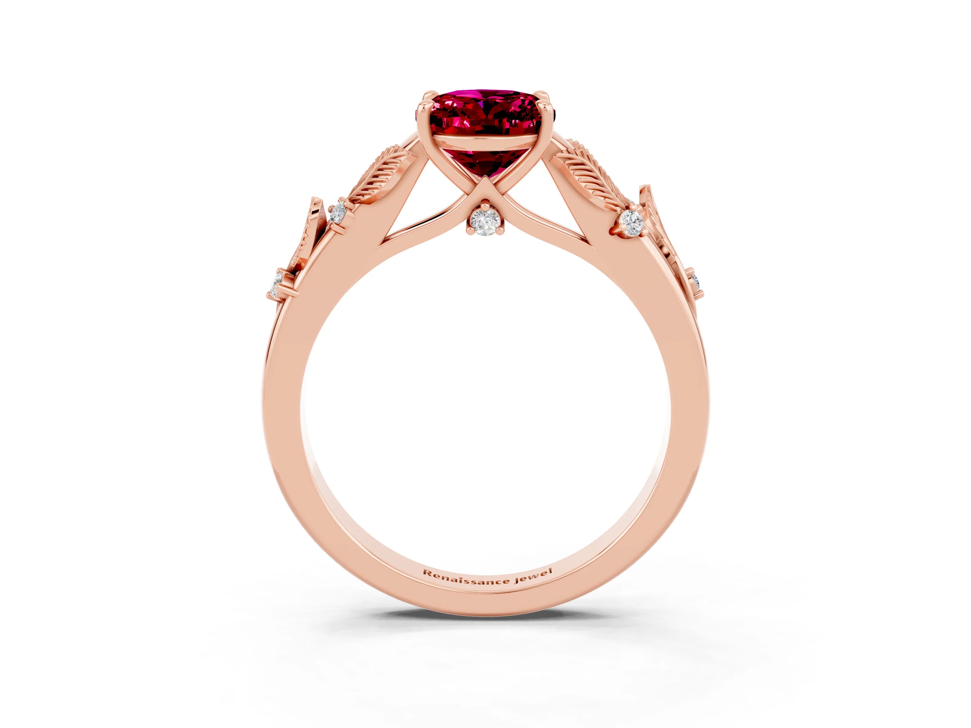 Rose gold Oval Cut Garnet Solitaire Ring with Leaf Motif Band and Four-Prong Setting_3