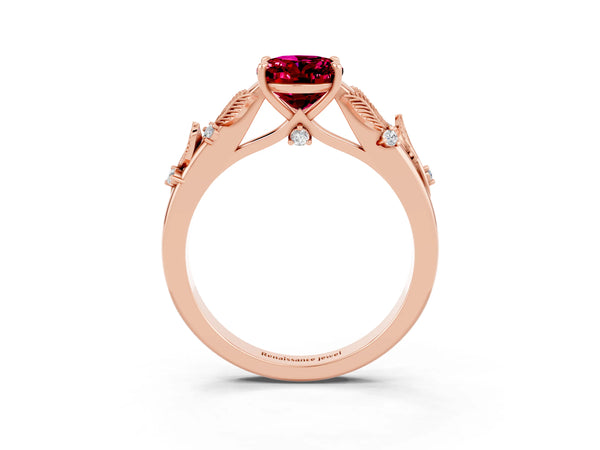 Rose gold Oval Cut Garnet Solitaire Ring with Leaf Motif Band and Four-Prong Setting