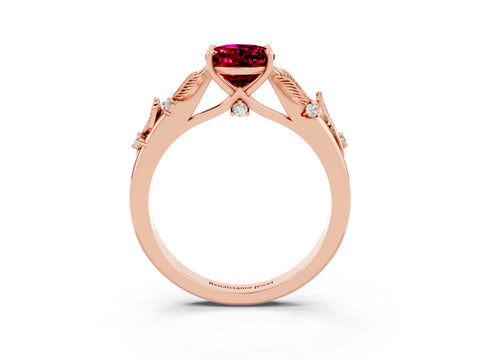 Rose gold Oval Cut Garnet Solitaire Ring with Leaf Motif Band and Four-Prong Setting_3