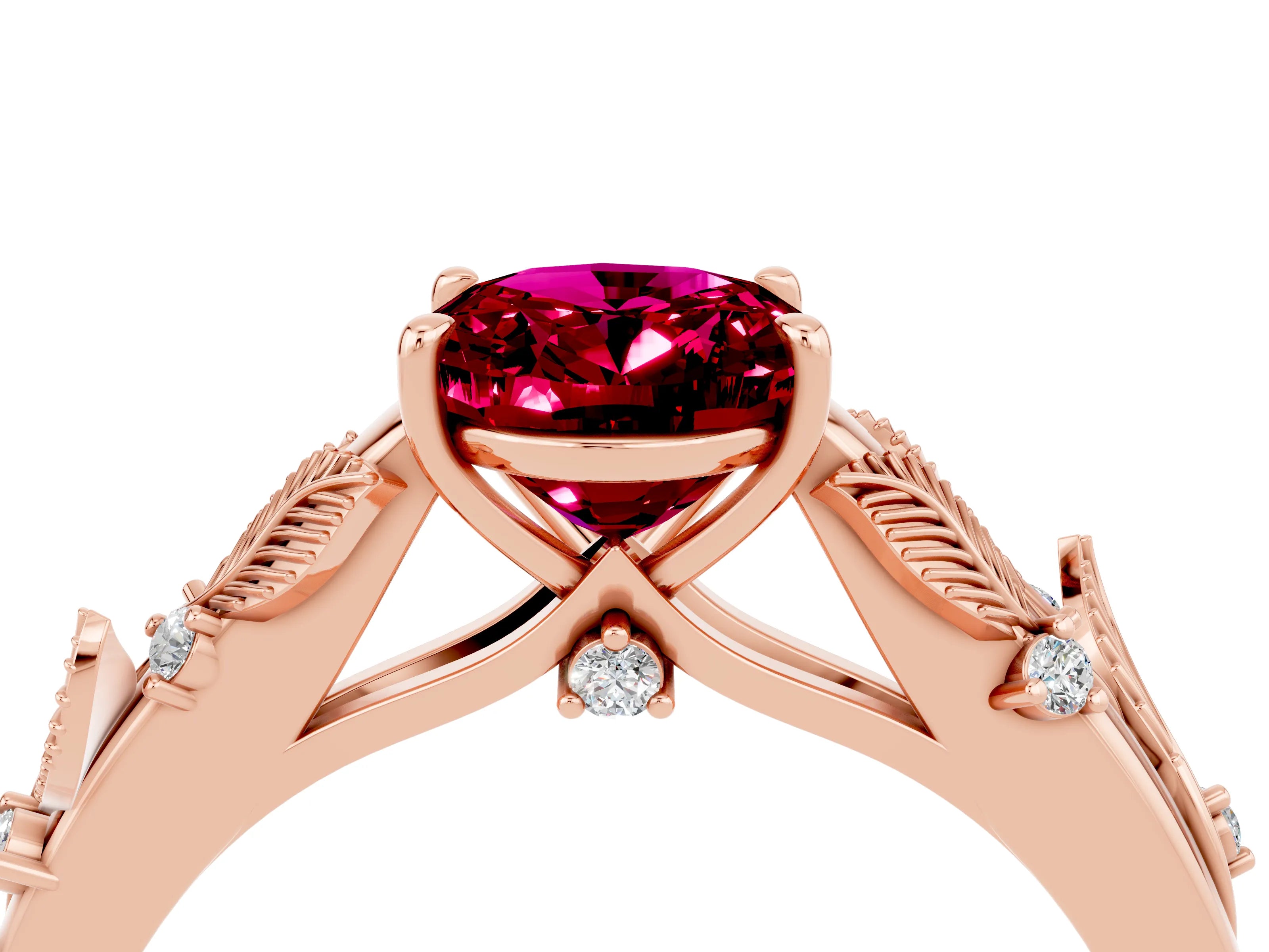 Rose gold Oval Cut Garnet Solitaire Ring with Leaf Motif Band and Four-Prong Setting_4
