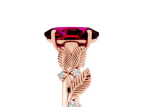 Rose gold Oval Cut Garnet Solitaire Ring with Leaf Motif Band and Four-Prong Setting_5