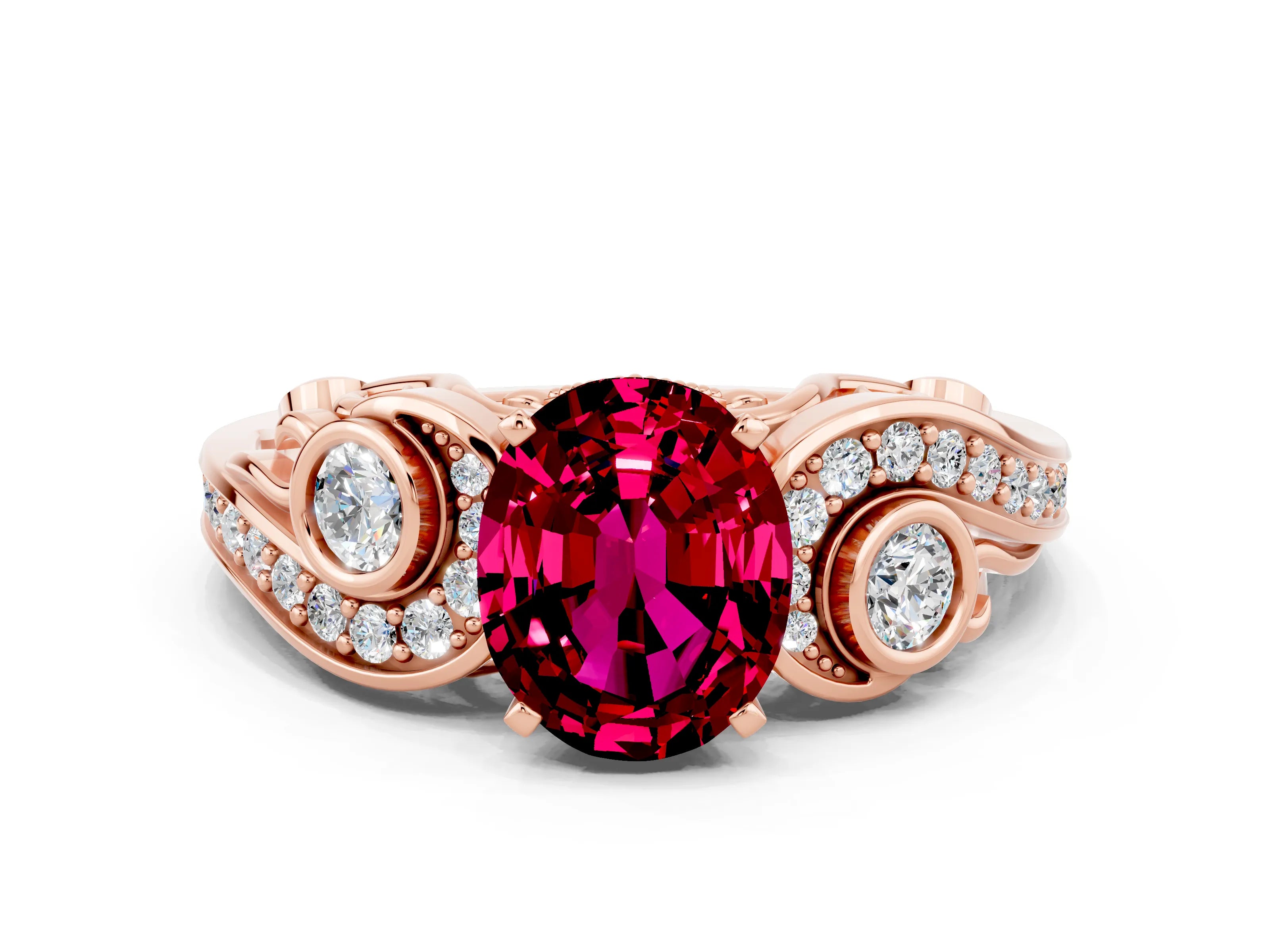 Rose gold Oval Cut Garnet Solitaire Ring with Milgrain Pavé Band and Four-Prong Setting_24