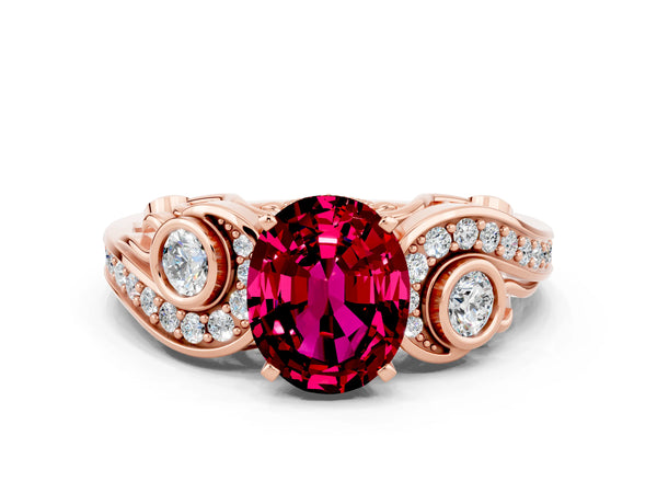 Rose gold Oval Cut Garnet Solitaire Ring with Milgrain Pavé Band and Four-Prong Setting