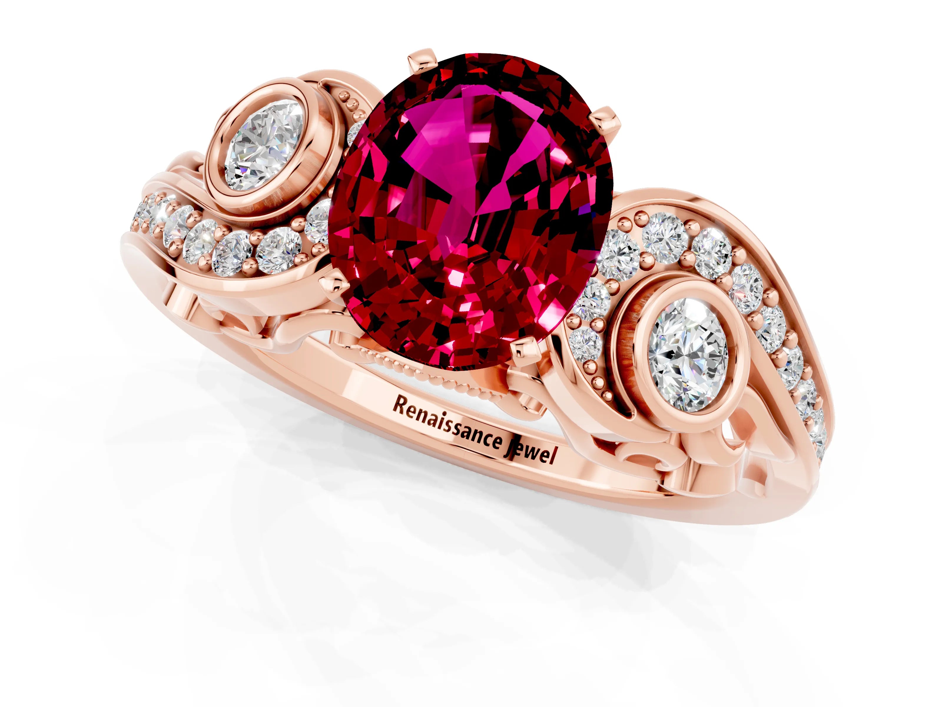 Rose gold Oval Cut Garnet Solitaire Ring with Milgrain Pavé Band and Four-Prong Setting_25