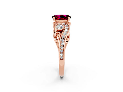 Rose gold Oval Cut Garnet Solitaire Ring with Milgrain Pavé Band and Four-Prong Setting_26