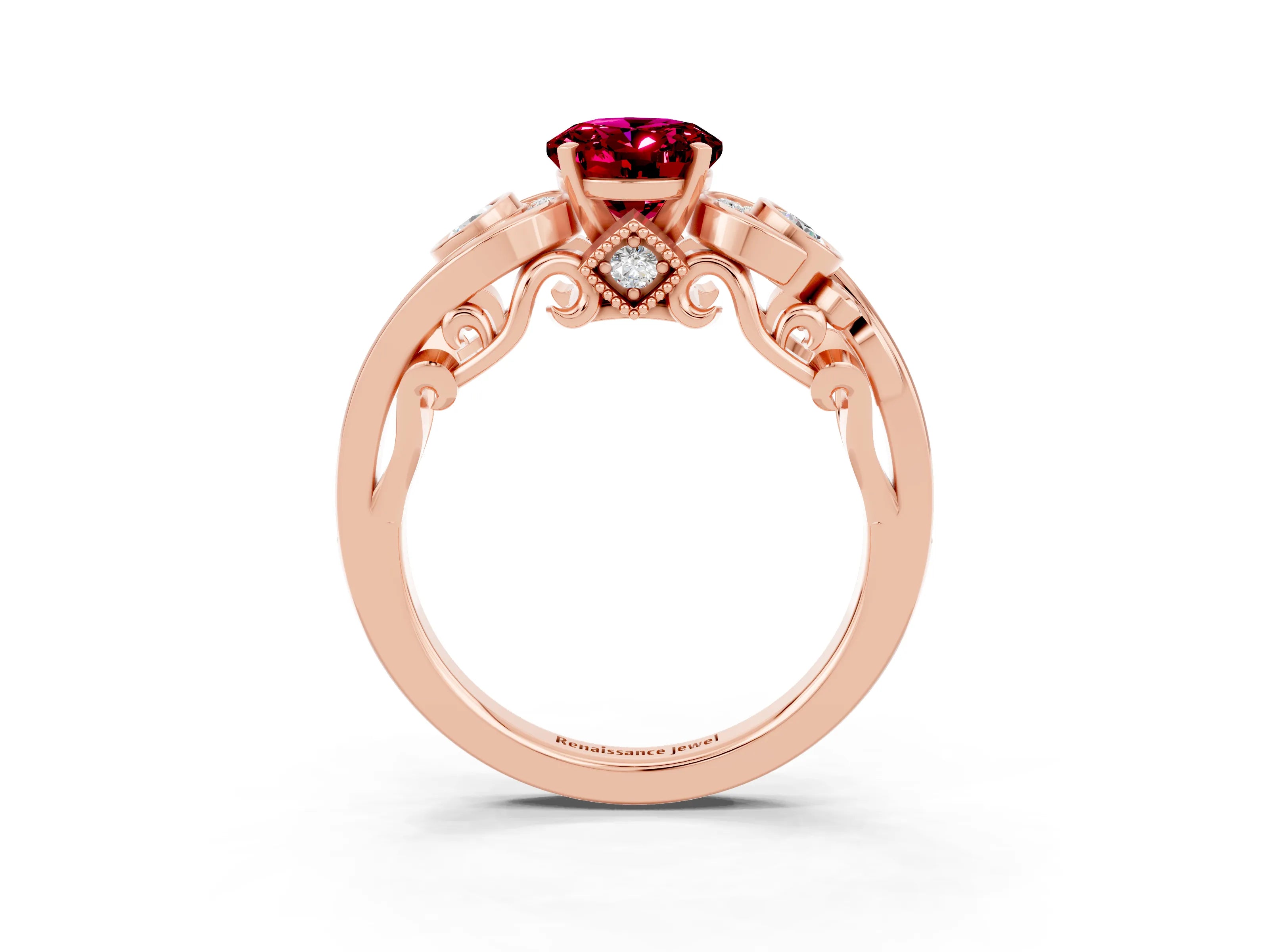 Rose gold Oval Cut Garnet Solitaire Ring with Milgrain Pavé Band and Four-Prong Setting_27