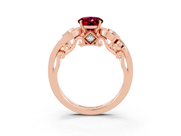 Rose gold Oval Cut Garnet Solitaire Ring with Milgrain Pavé Band and Four-Prong Setting