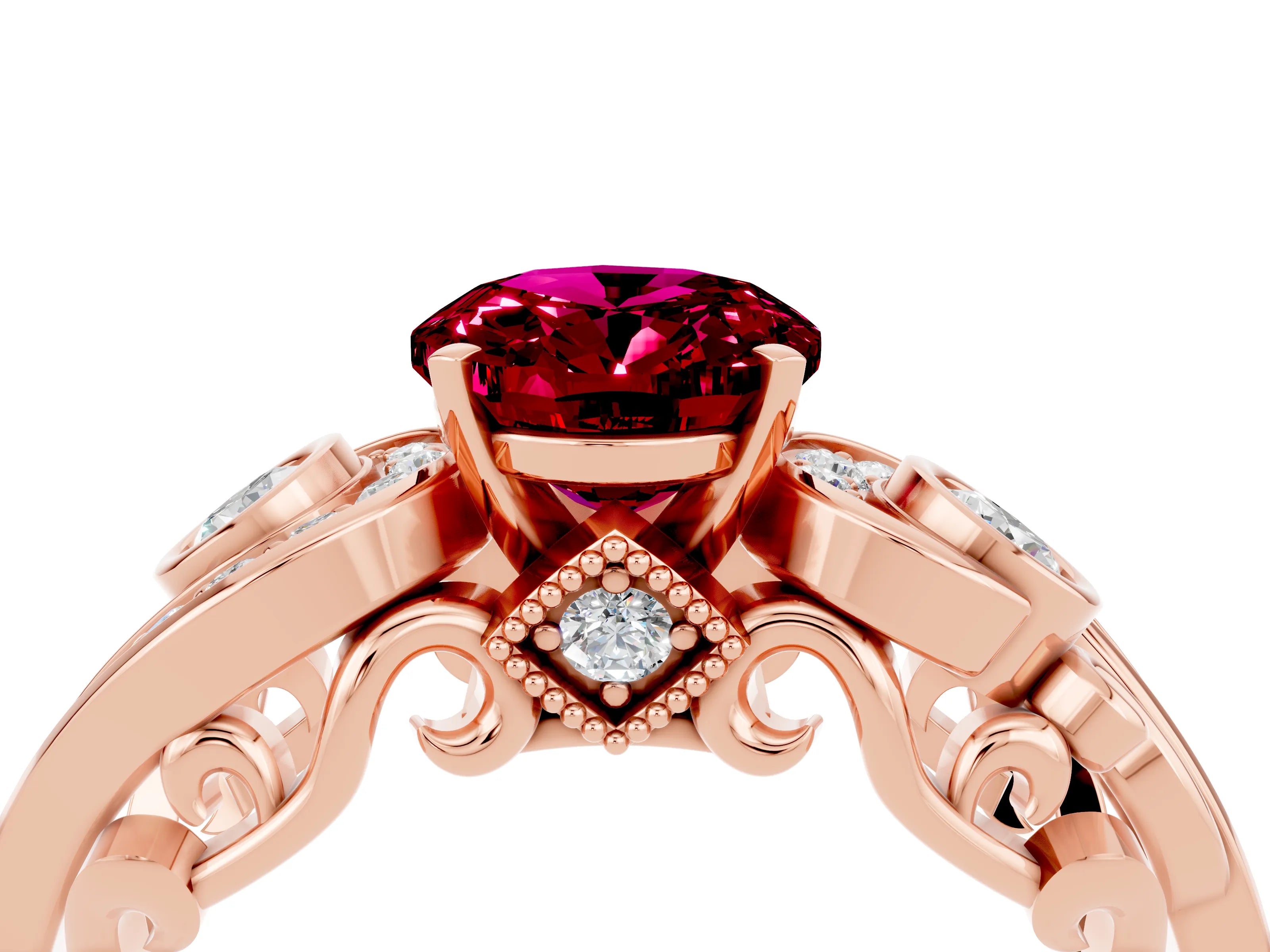 Rose gold Oval Cut Garnet Solitaire Ring with Milgrain Pavé Band and Four-Prong Setting_28
