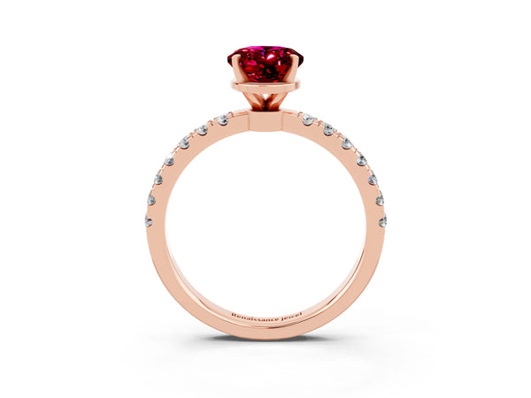 Rose gold Oval Cut Garnet Solitaire Ring with Pavé Accents and Four-Prong Setting