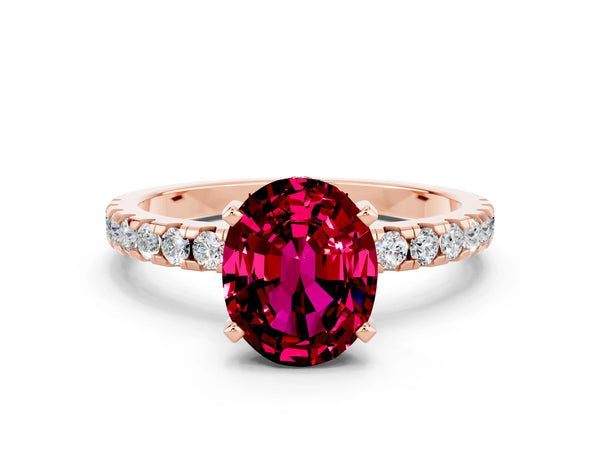 Rose gold Oval Cut Garnet Solitaire Ring with Round  Pavé Band and Four-Prong Setting
