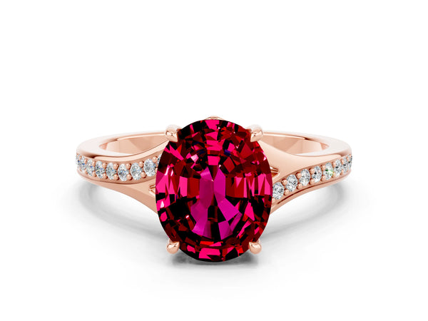 Rose gold Oval Cut Garnet Solitaire Ring with Pavé Band and Prong Setting