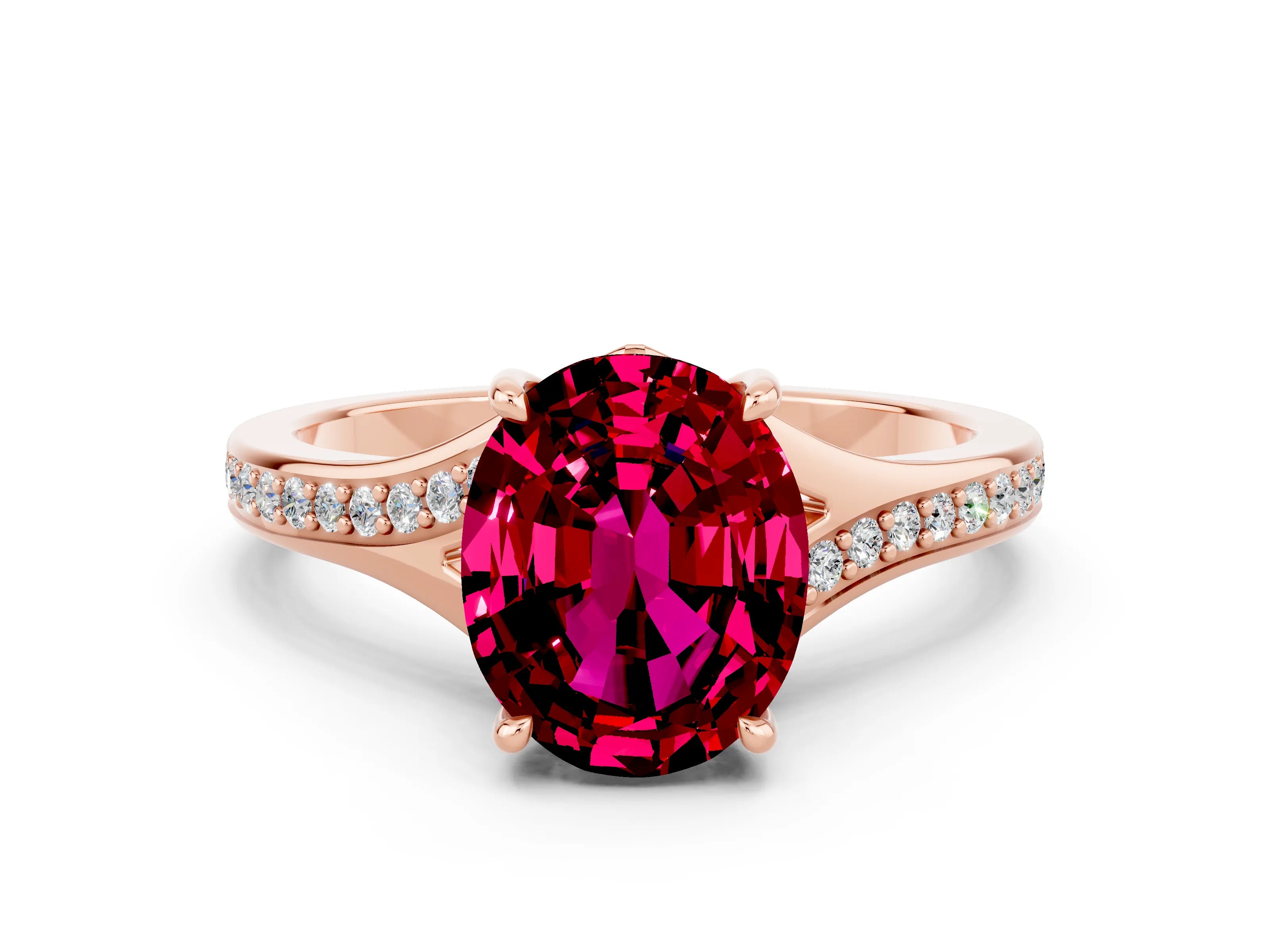 Rose gold Oval Cut Garnet Solitaire Ring with Pavé Band and Prong Setting_12