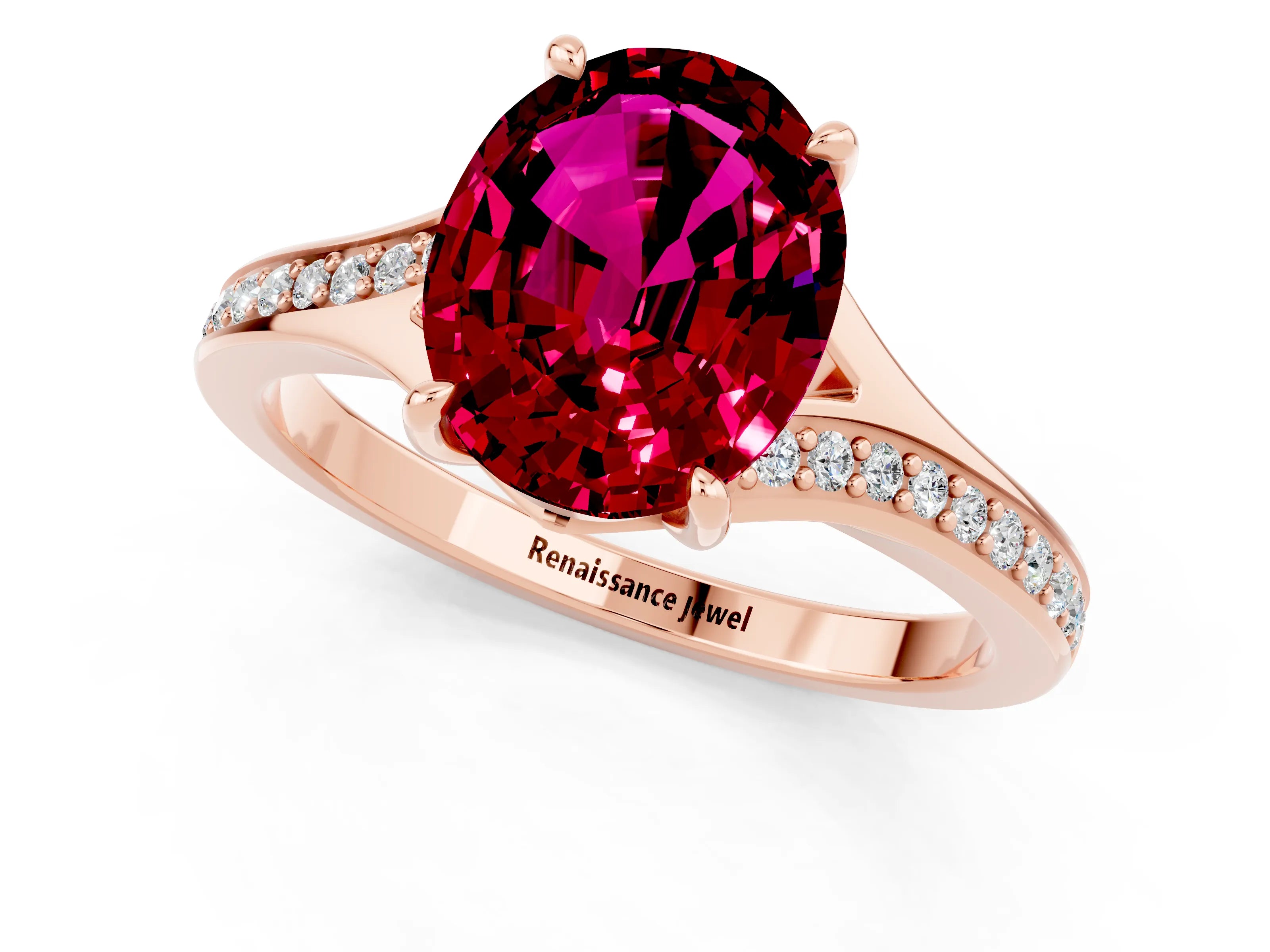 Rose gold Oval Cut Garnet Solitaire Ring with Pavé Band and Prong Setting_13