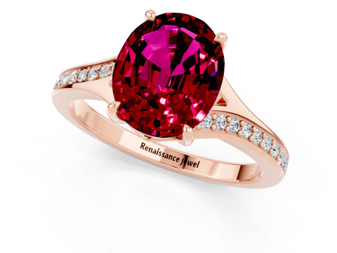 Rose gold Oval Cut Garnet Solitaire Ring with Pavé Band and Prong Setting_13