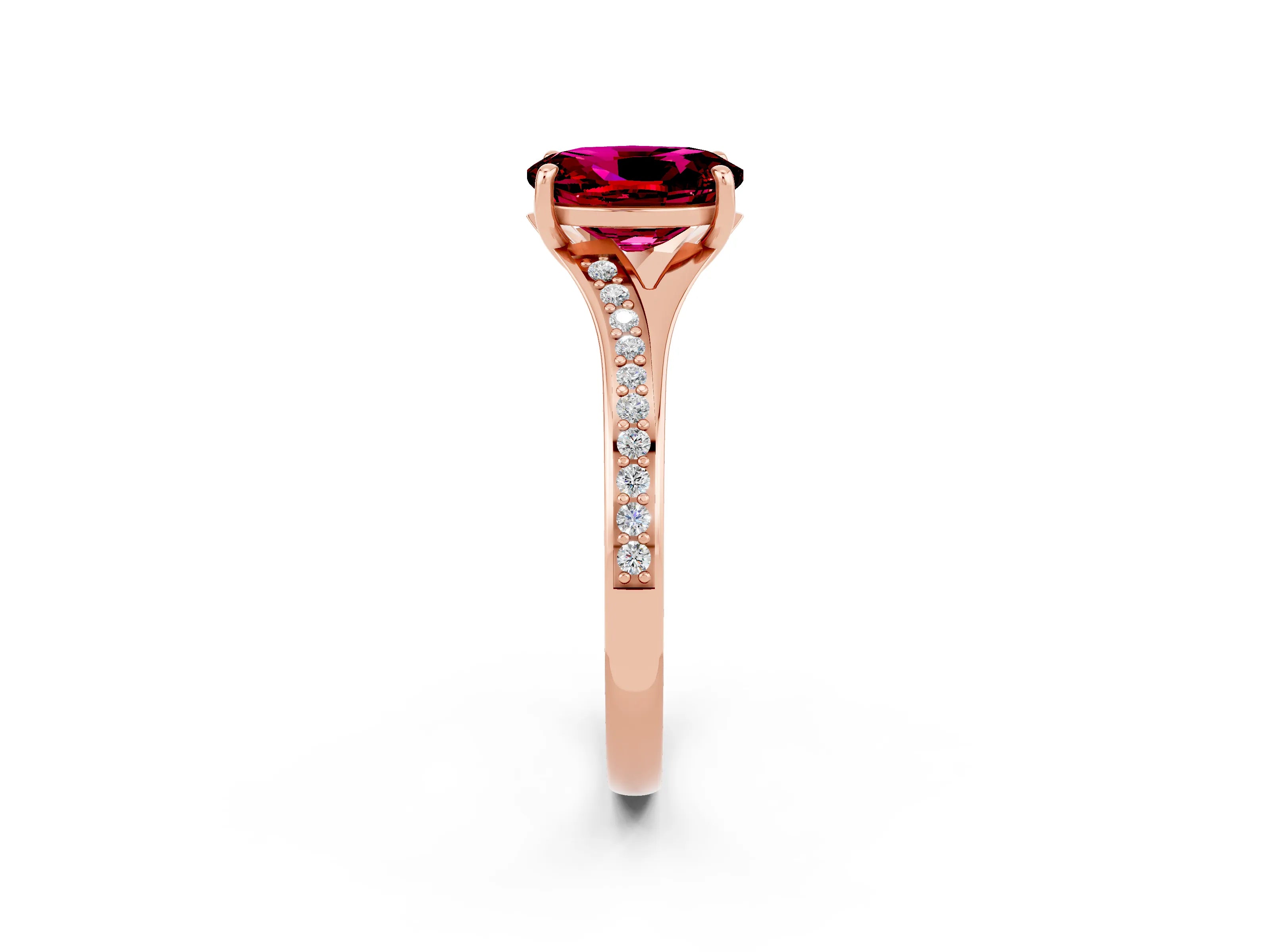 Rose gold Oval Cut Garnet Solitaire Ring with Pavé Band and Prong Setting_14