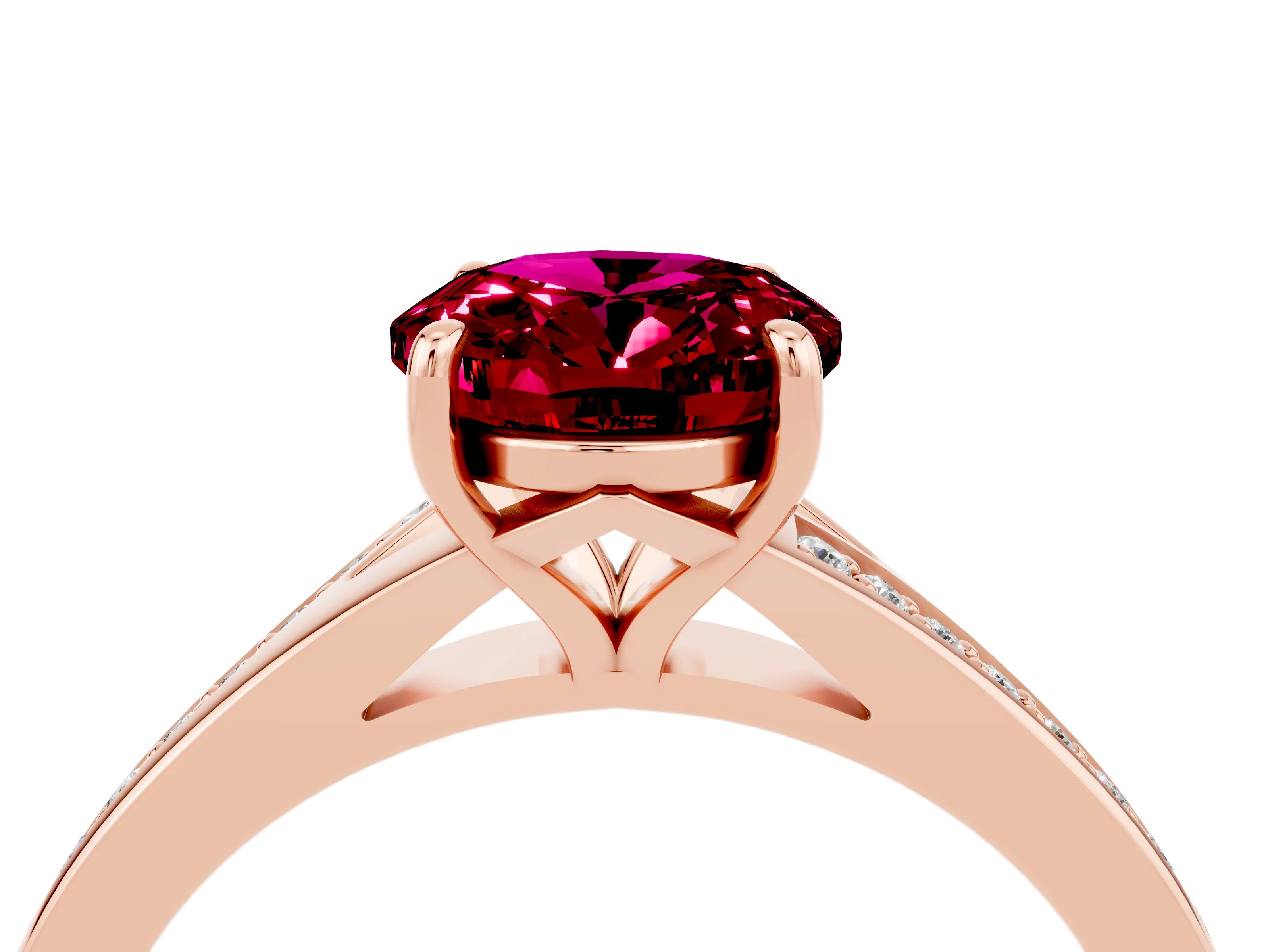 Rose gold Oval Cut Garnet Solitaire Ring with Pavé Band and Prong Setting_16
