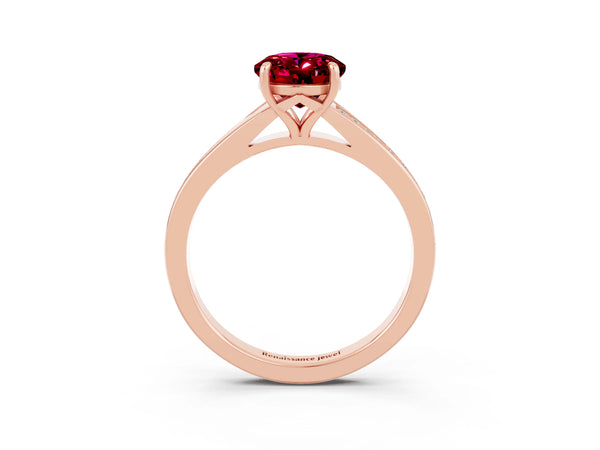 Rose gold Oval Cut Garnet Solitaire Ring with Pavé Band and Prong Setting