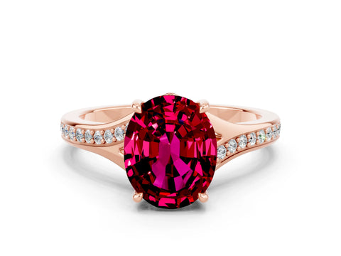 Rose gold Oval Cut Garnet Solitaire Ring with Pavé Band and Prong Setting