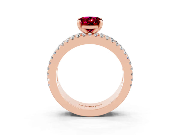Rose gold Oval Cut Garnet Solitaire Ring with Pavé and Channel Set Band