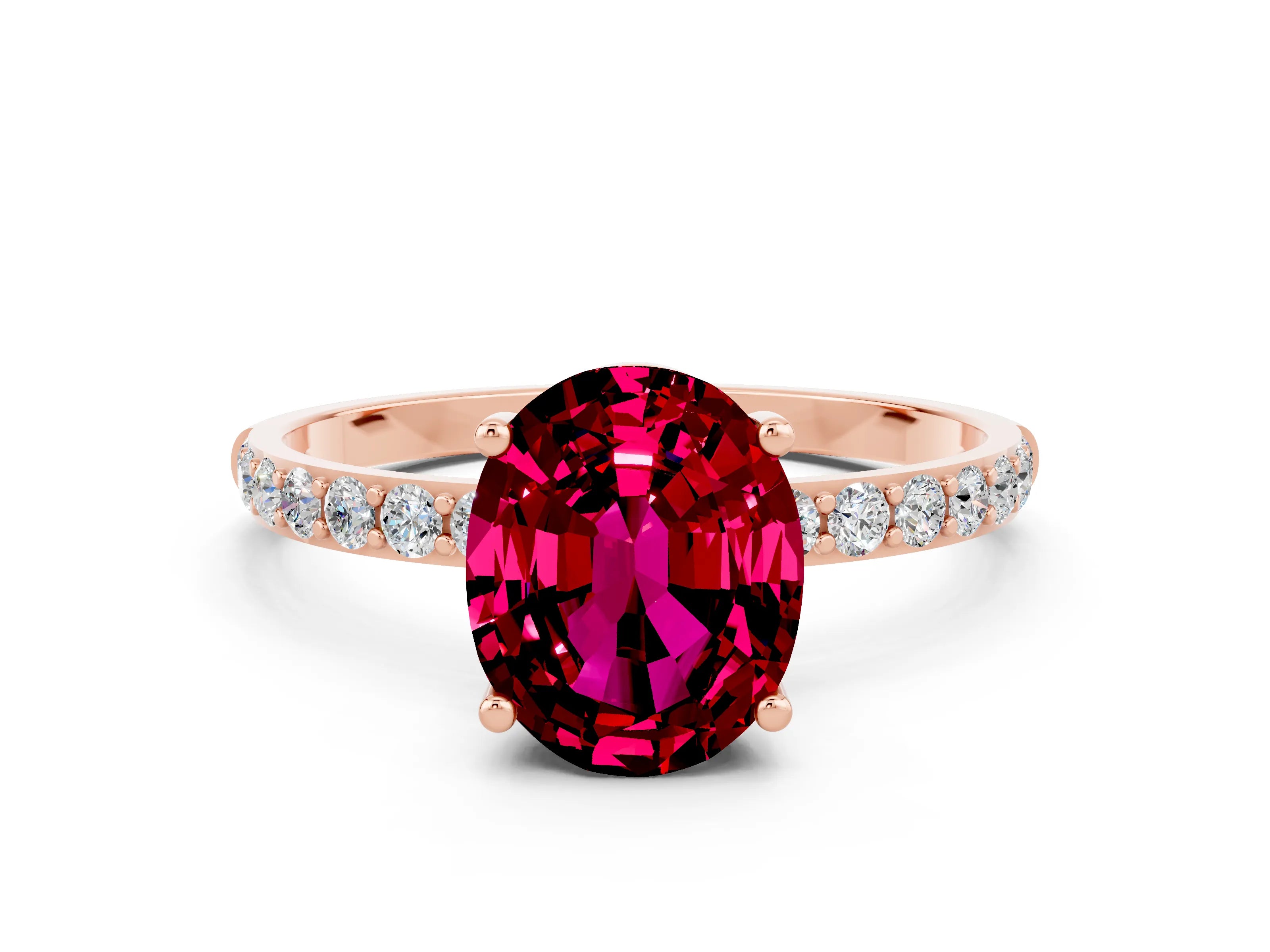 Rose gold Oval Cut Garnet Solitaire Ring with Pave Band and Four Prong Setting_24