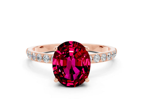 Rose gold Oval Cut Garnet Solitaire Ring with Pave Band and Four Prong Setting_24