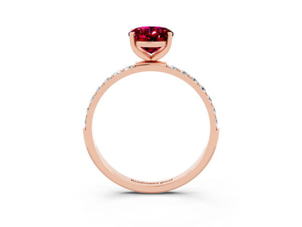 Rose gold Oval Cut Garnet Solitaire Ring with Round  Pavé Band and Prong Setting