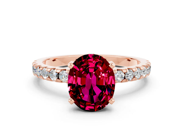 Rose gold Oval Cut Garnet Solitaire Ring with Round Pavé Band and Four-Prong Setting