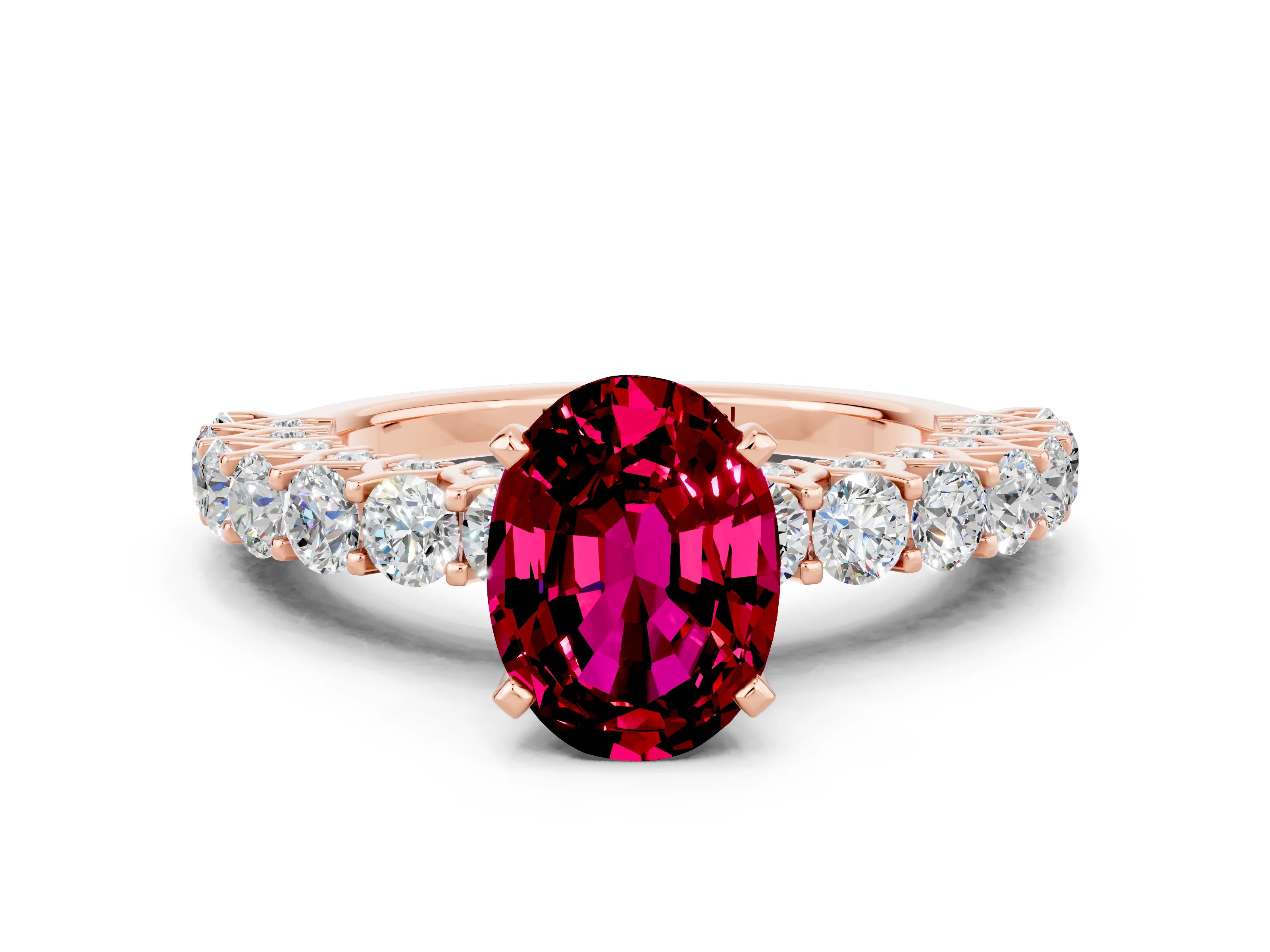 Rose gold Oval Cut Garnet Solitaire Ring with Shared Prong Pavé Band and Four-Prong Setting