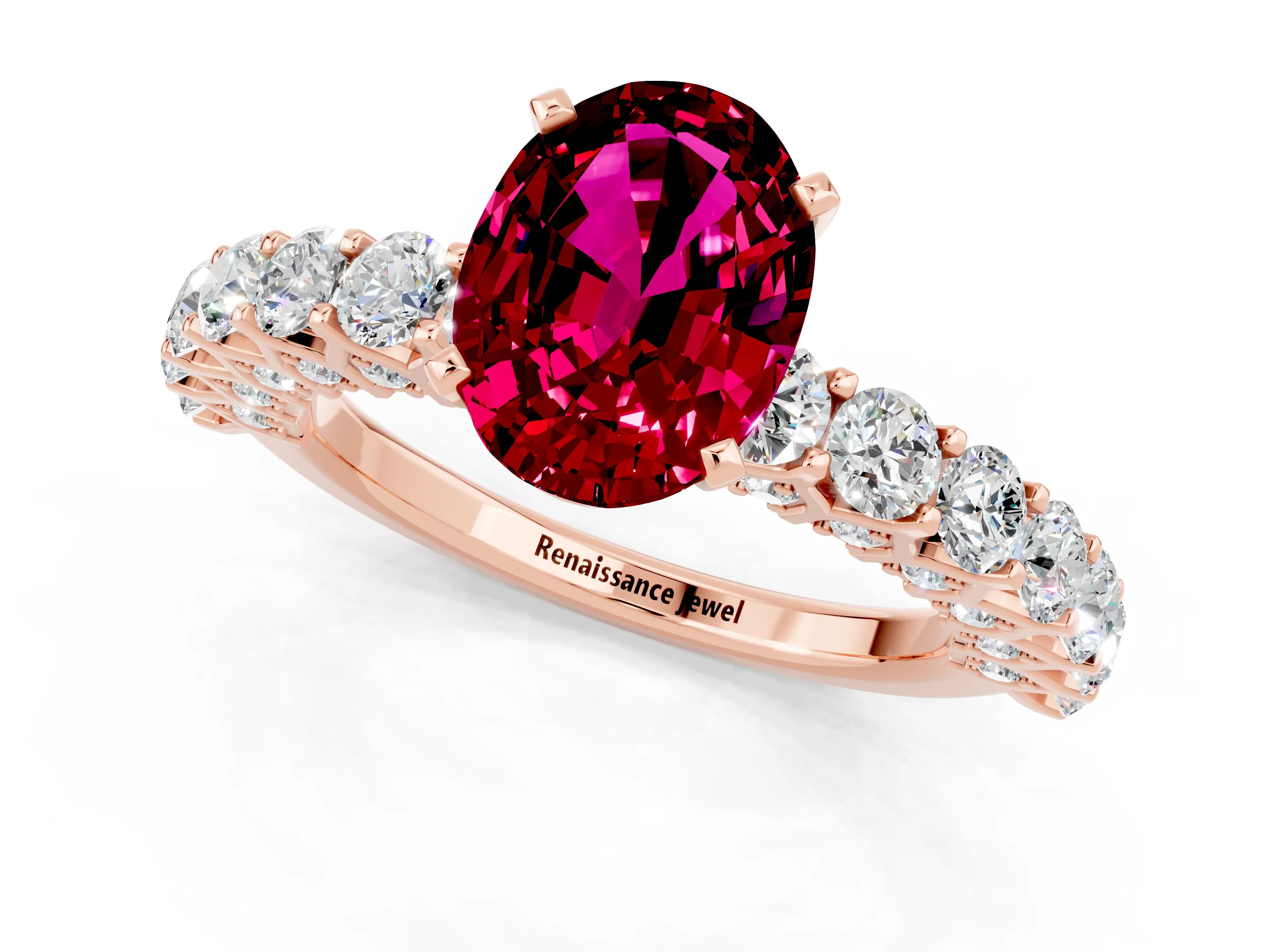 Rose gold Oval Cut Garnet Solitaire Ring with Shared Prong Pavé Band and Four-Prong Setting_1