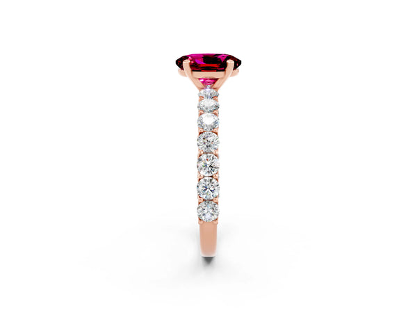 Rose gold Oval Cut Garnet Solitaire Ring with Shared Prong Pavé Band and Four-Prong Setting