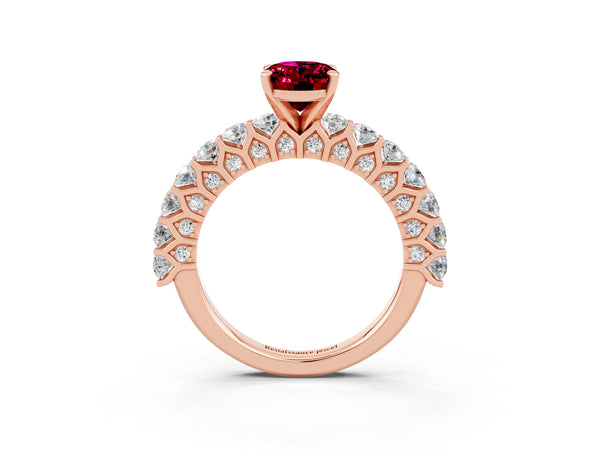 Rose gold Oval Cut Garnet Solitaire Ring with Shared Prong Pavé Band and Four-Prong Setting