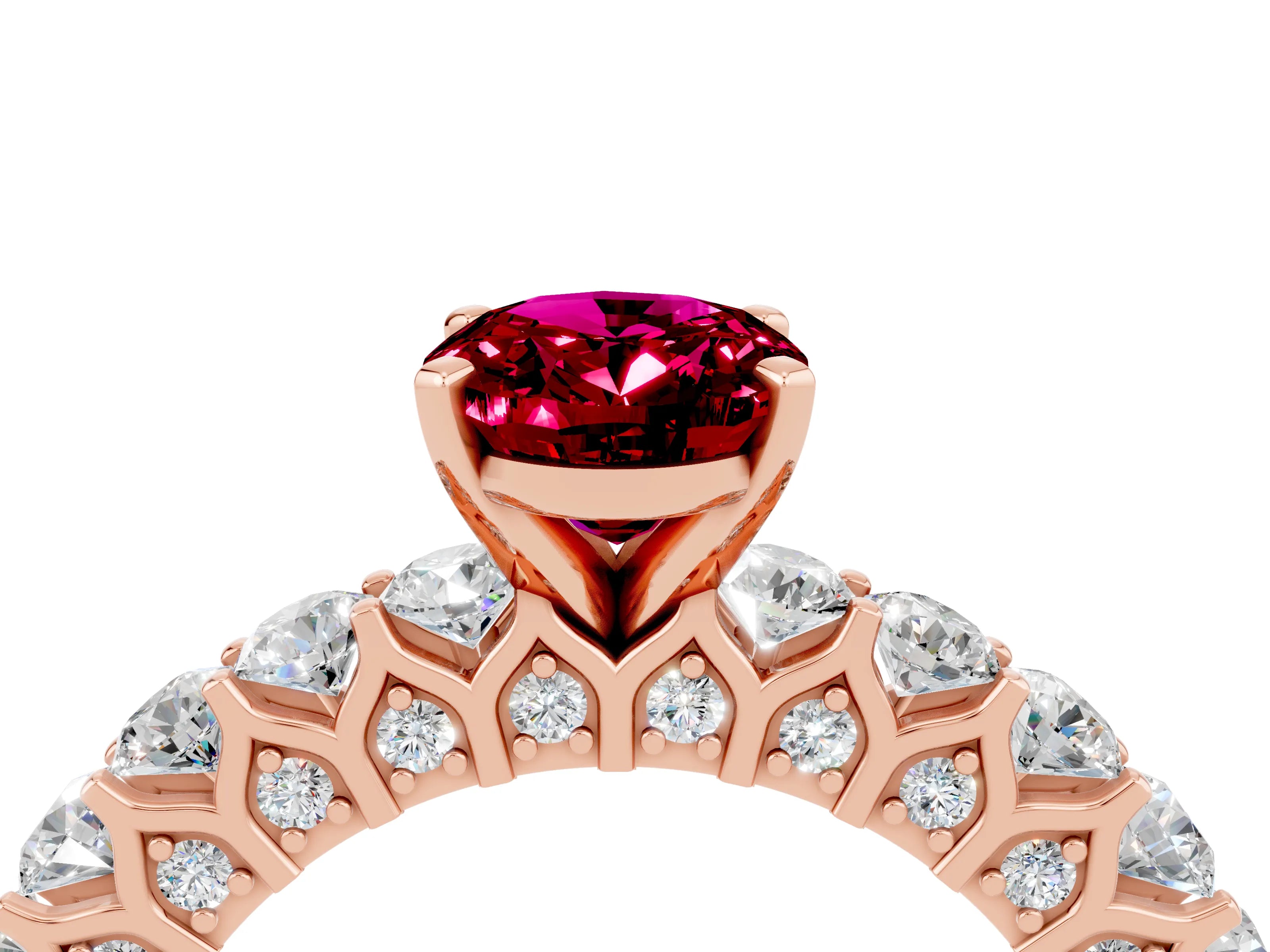 Rose gold Oval Cut Garnet Solitaire Ring with Shared Prong Pavé Band and Four-Prong Setting_4