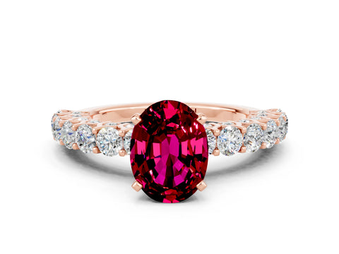 Rose gold Oval Cut Garnet Solitaire Ring with Shared Prong Pavé Band and Four-Prong Setting