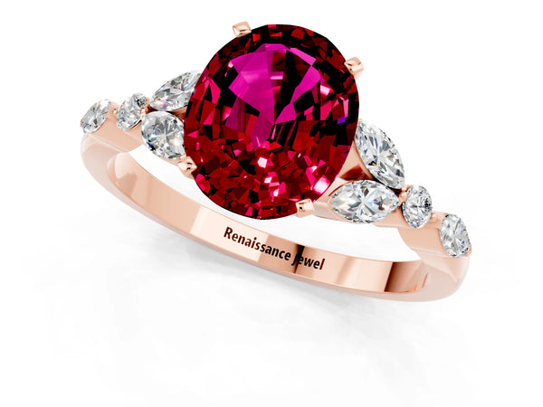 Rose gold Oval Cut Garnet Solitaire Ring with Side Stones and Four-Prong Setting