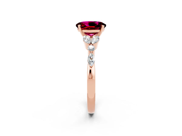 Rose gold Oval Cut Garnet Solitaire Ring with Side Stones and Four-Prong Setting