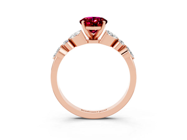 Rose gold Oval Cut Garnet Solitaire Ring with Side Stones and Four-Prong Setting