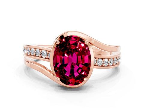 Rose gold Oval Cut Garnet Solitaire Ring with Split Shank and Prong Setting