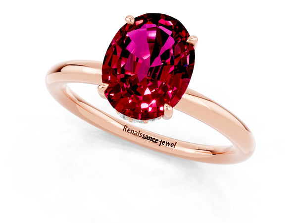Rose gold Oval Cut Garnet Solitaire Ring with Thin Band and Four-Prong Setting