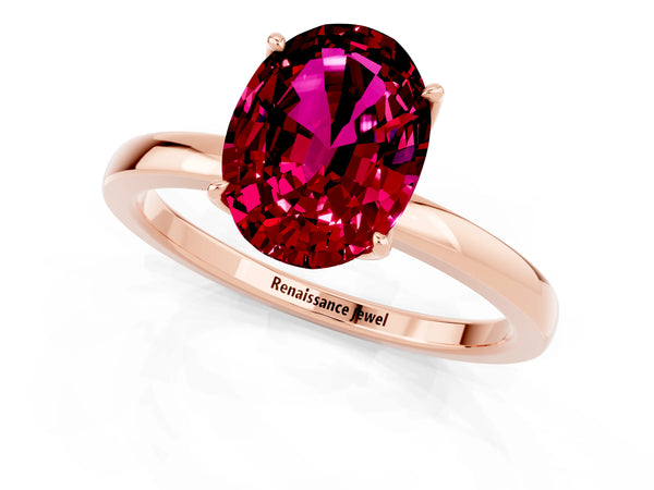Rose gold Oval Cut Garnet Solitaire Ring with Thin Band and Prong Setting
