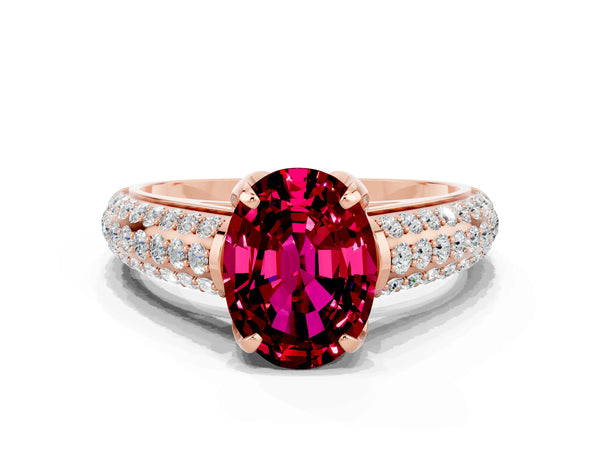 Rose gold Oval Cut Garnet Solitaire Ring with Three-Row Pavé Band and Four-Prong Setting