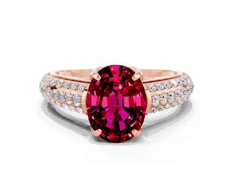 Rose gold Oval Cut Garnet Solitaire Ring with Three-Row Pavé Band and Four-Prong Setting_12