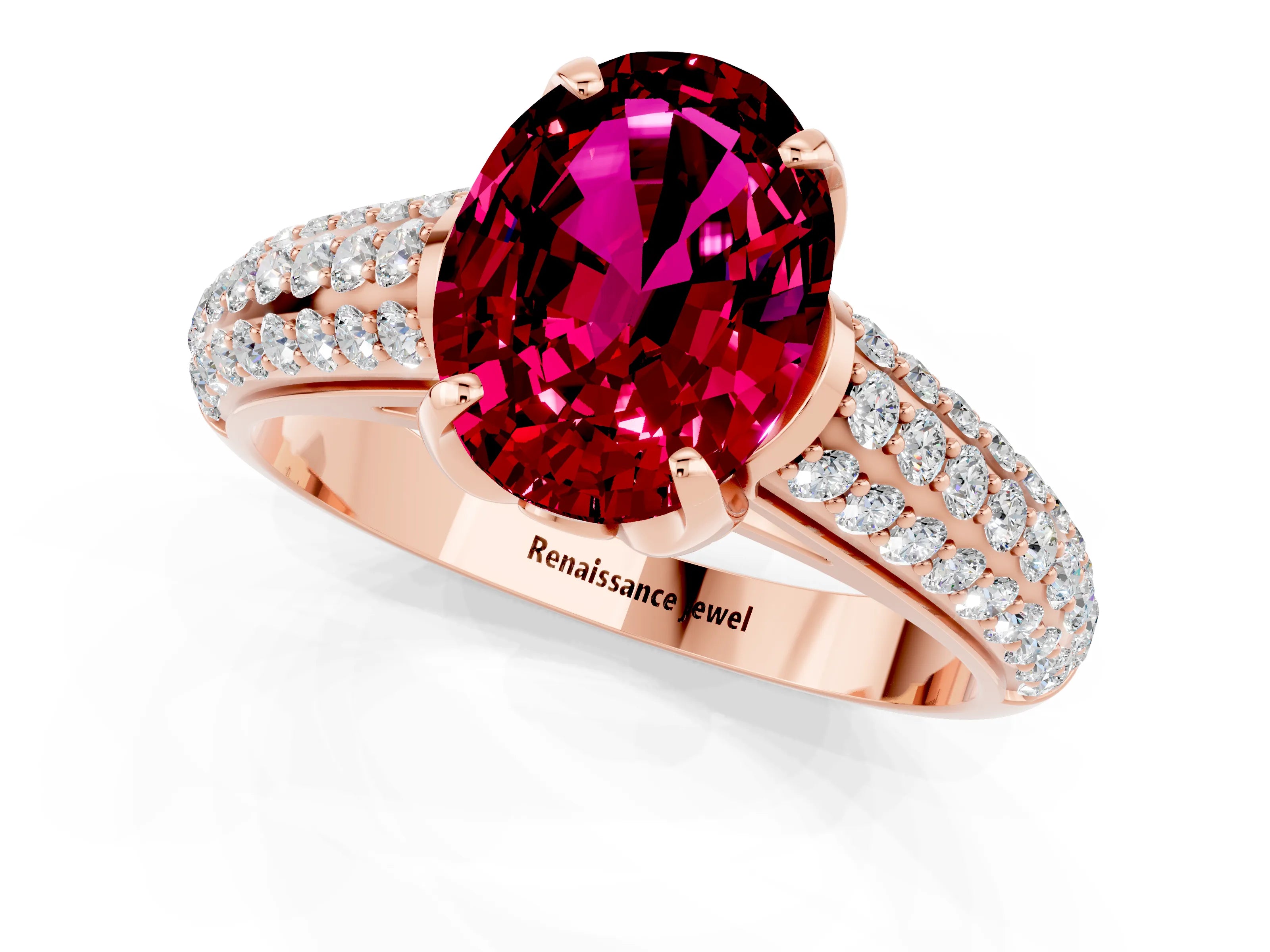 Rose gold Oval Cut Garnet Solitaire Ring with Three-Row Pavé Band and Four-Prong Setting_13