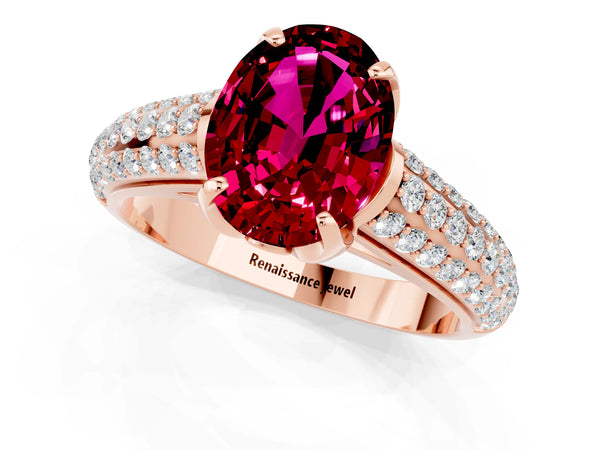 Rose gold Oval Cut Garnet Solitaire Ring with Three-Row Pavé Band and Four-Prong Setting