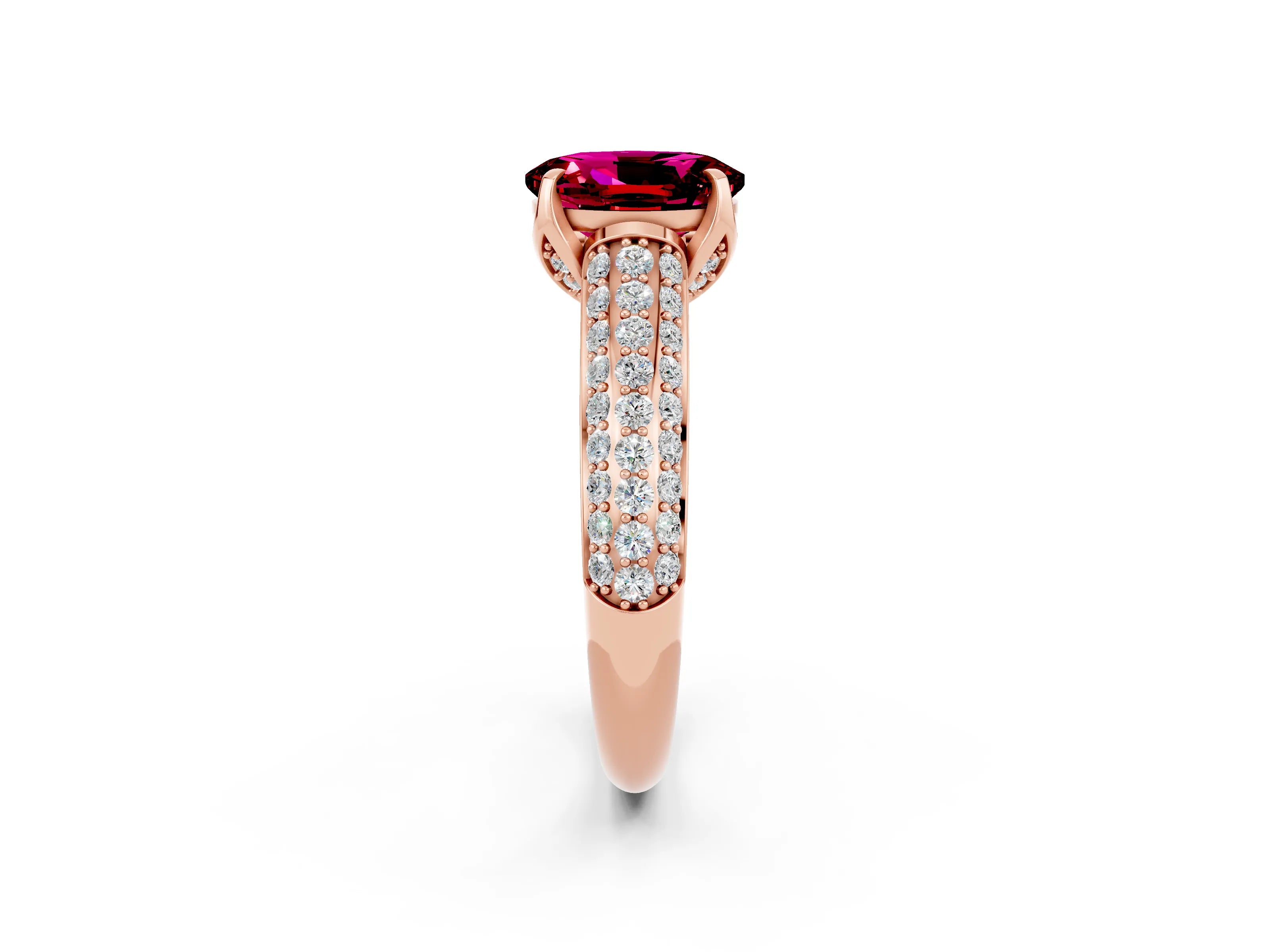 Rose gold Oval Cut Garnet Solitaire Ring with Three-Row Pavé Band and Four-Prong Setting_14
