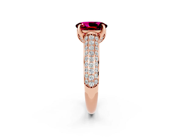 Rose gold Oval Cut Garnet Solitaire Ring with Three-Row Pavé Band and Four-Prong Setting