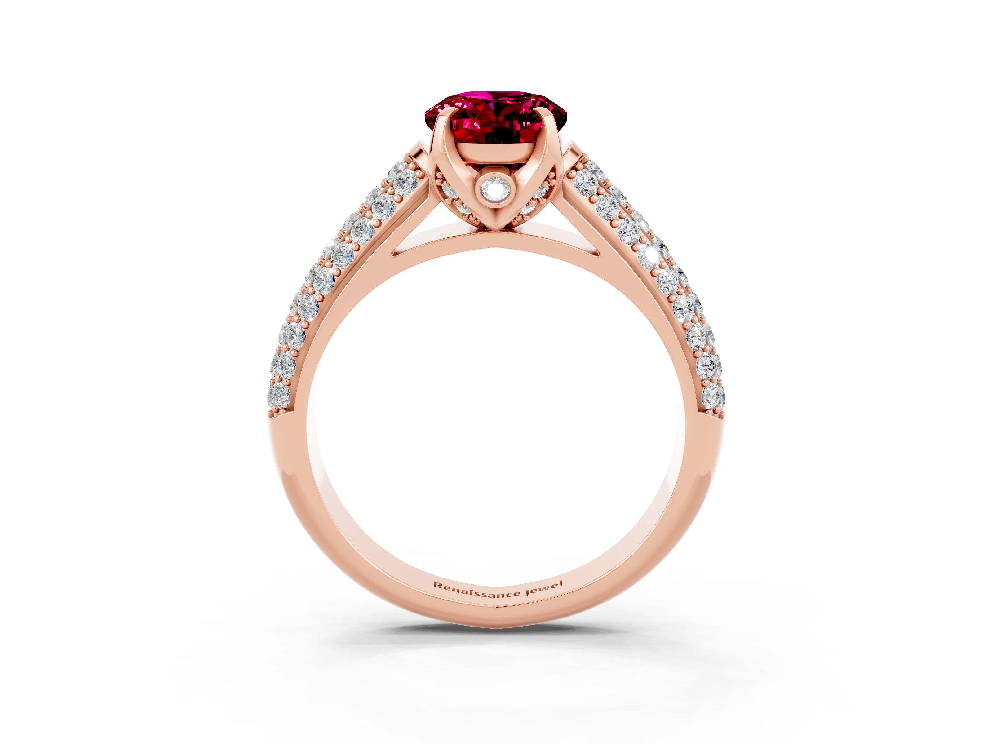 Rose gold Oval Cut Garnet Solitaire Ring with Three-Row Pavé Band and Four-Prong Setting_15