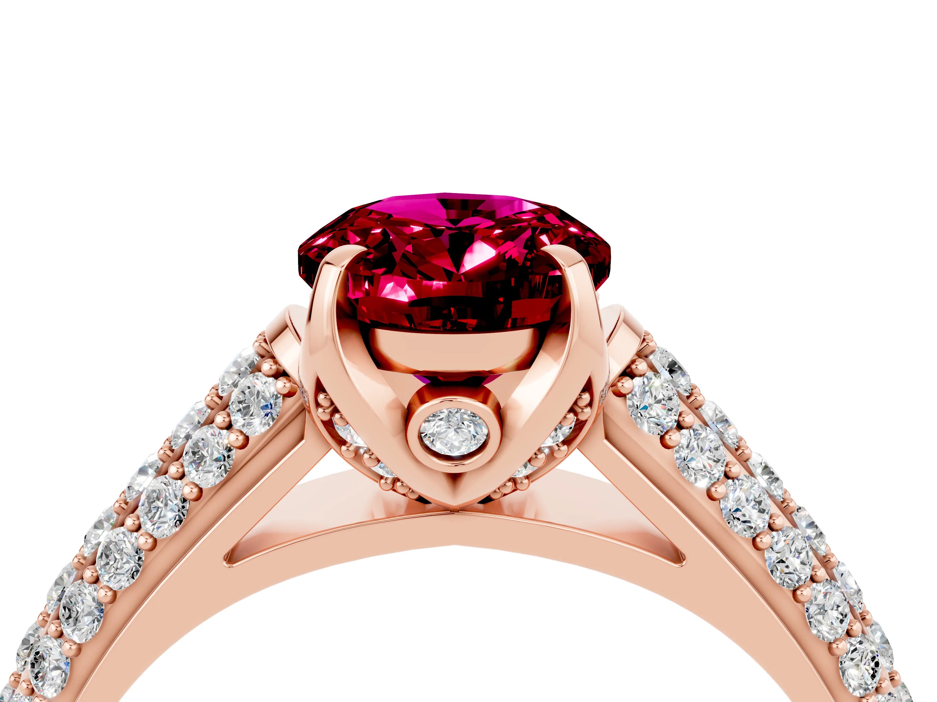 Rose gold Oval Cut Garnet Solitaire Ring with Three-Row Pavé Band and Four-Prong Setting_16